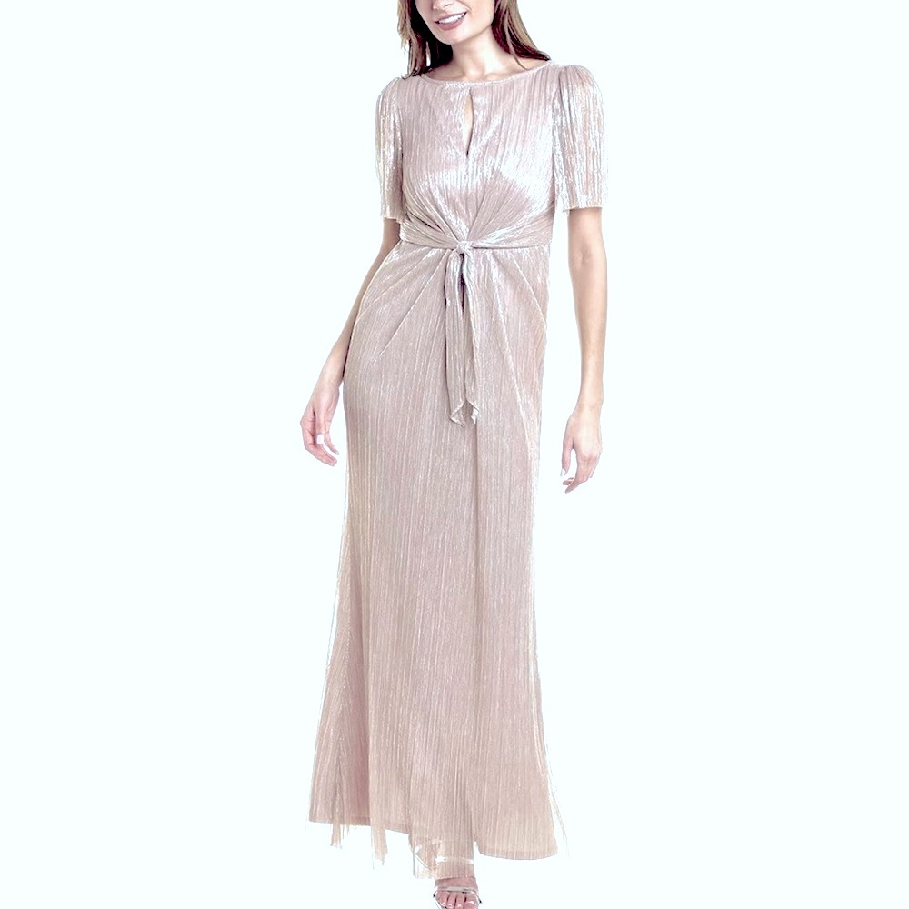 NWT Adrianna Papell Front Ties Textured Metallic Gown Front Keyhole in Stardust